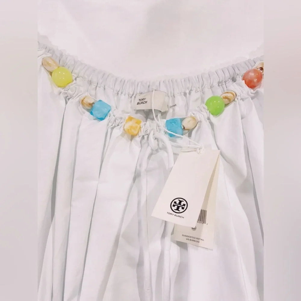 NWT $398 Tory Burch Beaded Cotton Poplin Skirt In White
